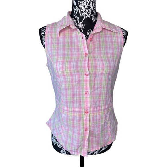 Baileys Point Plaid Button Up Tank Top Pastel Size Medium Summer Coastal Beach - Picture 1 of 9